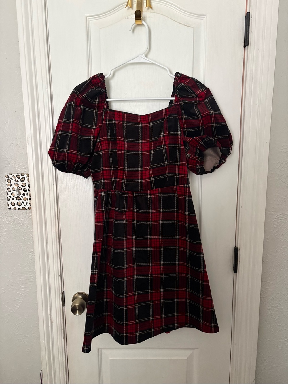 Copper Key Red and Black Plaid Puff-Sleeve Dress